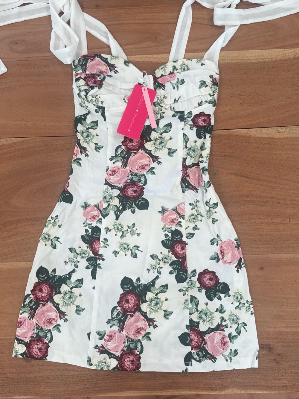 Beginning Boutique White Floral Mini Dress with Pink Rose Print